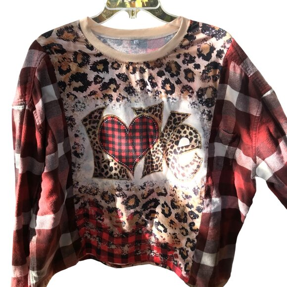 Upcycled Tops - Reworked Flannel Shirt Plus Size: Upcycled Oversized Love Graphics Patchwork Tee